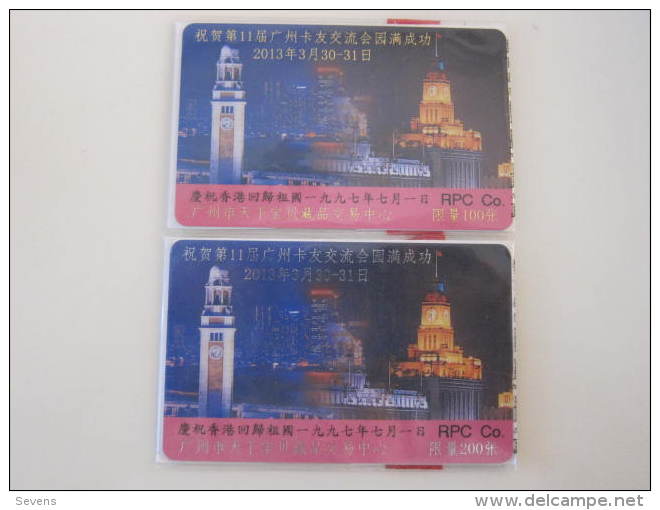 Prepaid Phonecard,Hongkong Buildings At Night,addition Print"Guangzhou Phonecard Fair 2013",mint In Blister - Hongkong