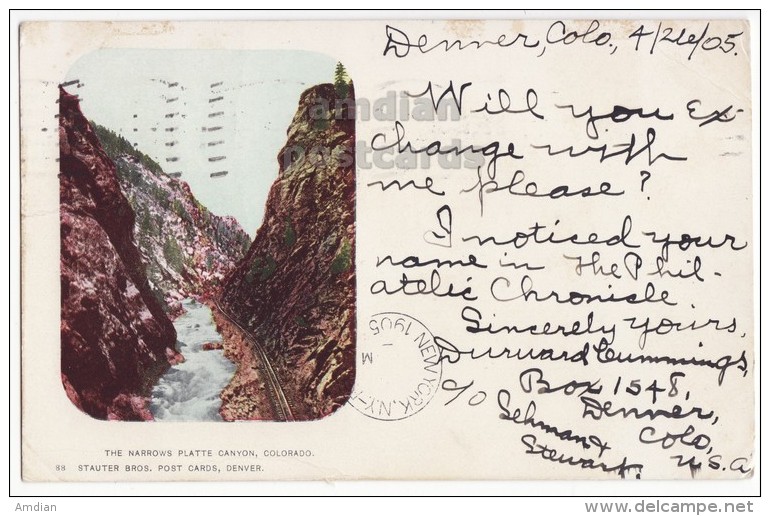 USA - NARROWS PLATTE CANYON - COLORADO SCENIC 1905 UDB Postcard - RAIL TRACKS- PHILLATELIC  [4396] - Rocky Mountains