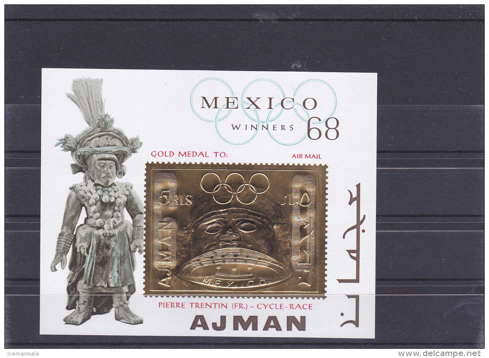 AJMAN, HOJA BLOQUE  ORO CONMEMORATIVA  OLIMPIADA  MEXICO  MNH  ** - Verano 1968: México