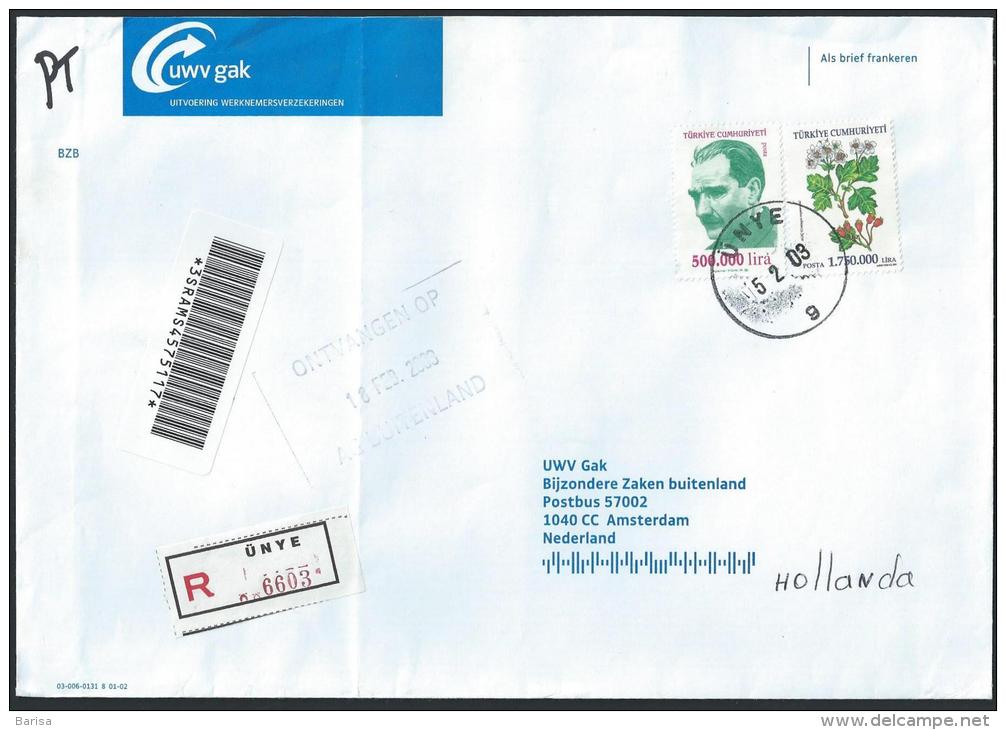 Registered Cover From Ünye To Amsterdam; 05-02-2003 - Cartas & Documentos