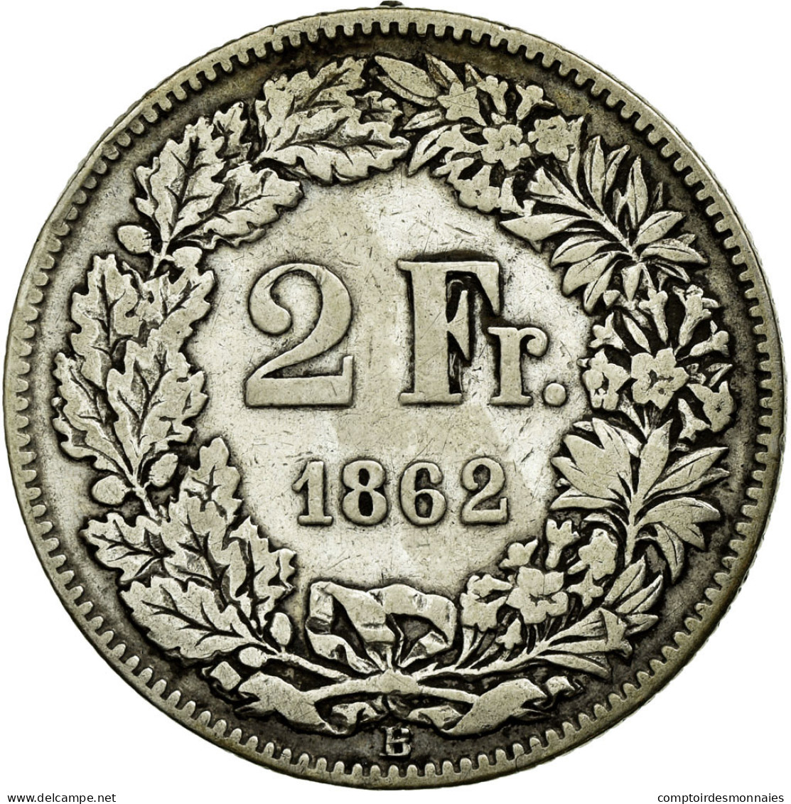 Monnaie, Suisse, 2 Francs, 1862, Bern, TB+, Argent, KM:10a - Autres & Non Classés