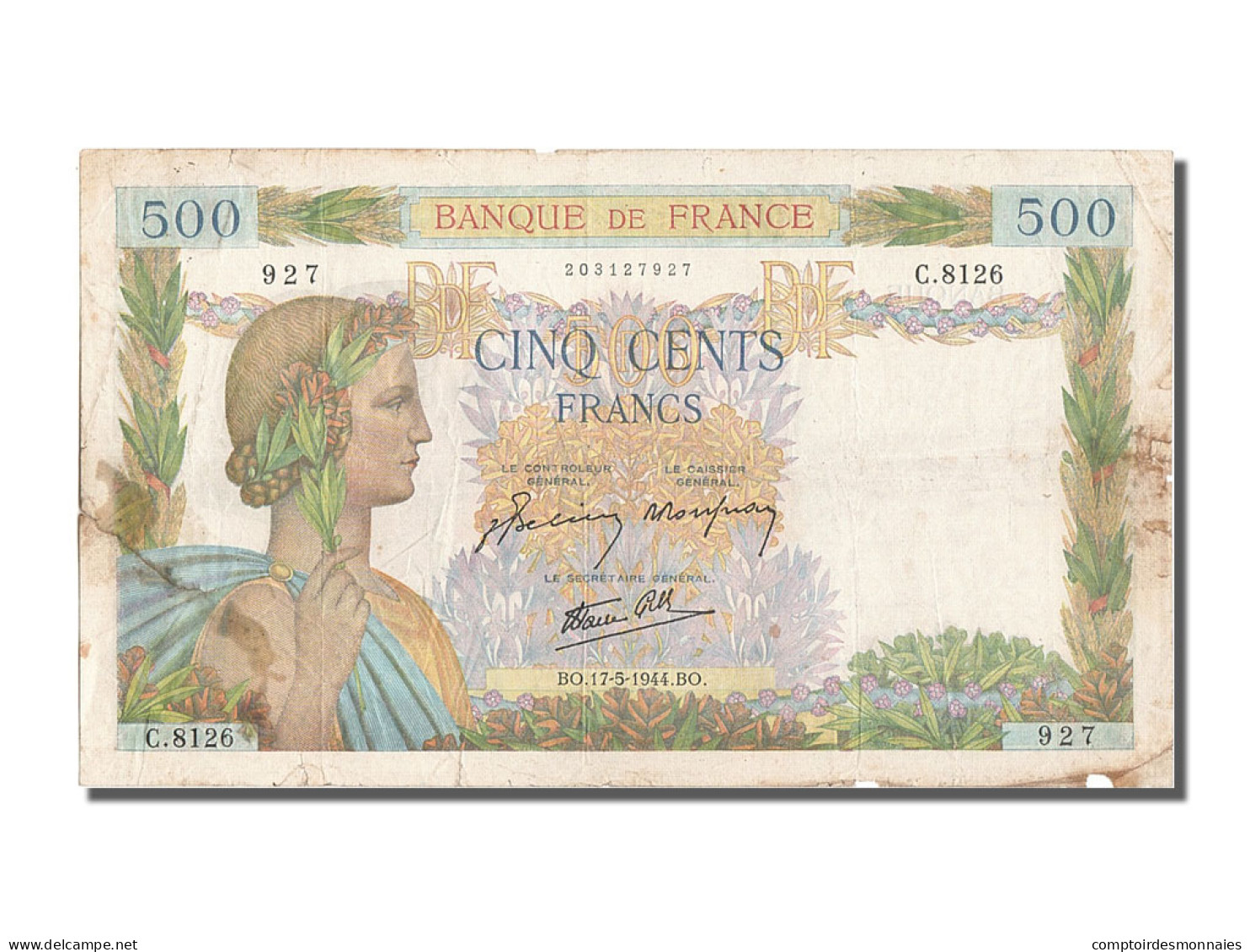 Billet, France, 500 Francs, 500 F 1940-1944 ''La Paix'', 1944, 1944-05-17, B+ - 500 F 1940-1944 ''La Paix''