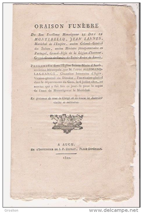 RARE L'ORAISON FUNEBRE 1810 DU DUC DE MONTEBELLO JEAN LANNES MARECHAL D'EMPIRE DE NAPOLEON BONAPARTE  A AUCH - Documenti Storici