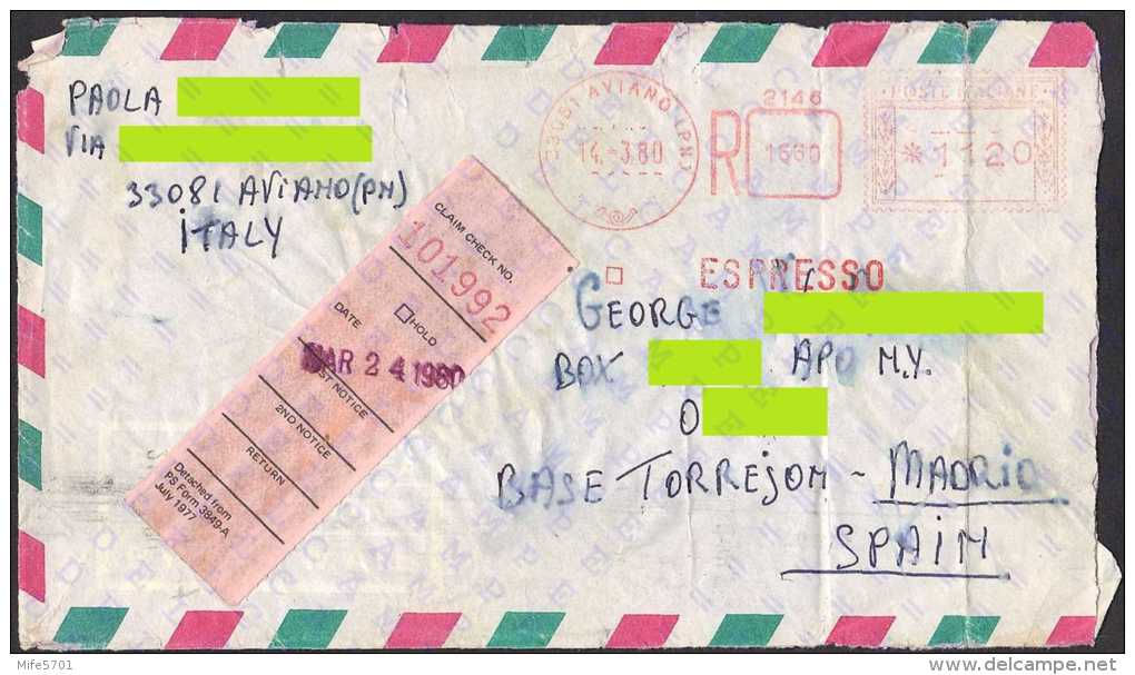 AIR FORCE POSTAL SERVICE APO - FROM AVIANO (ITALY) TO 09283 (MADRID - SPAIN) - 14 MAR 1980 - REGISTERED EXPRESS - Storia Postale