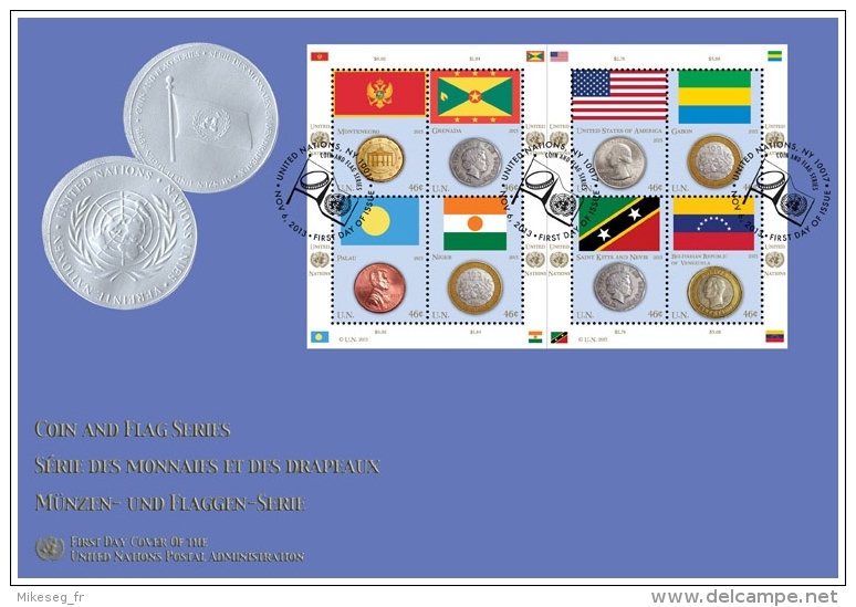 ONU New-York 2013 - FDC Jumbo - Feuillet Monnaies Et Drapeaux Coins And Flags - FDC