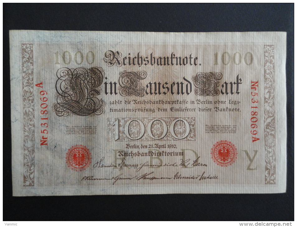 1910 A - 21 Avril 1910 - Billet 1000 Mark - Allemagne - Série A : N° 5318069 A - ReichsBanknote Deutschland Germany - 1000 Mark