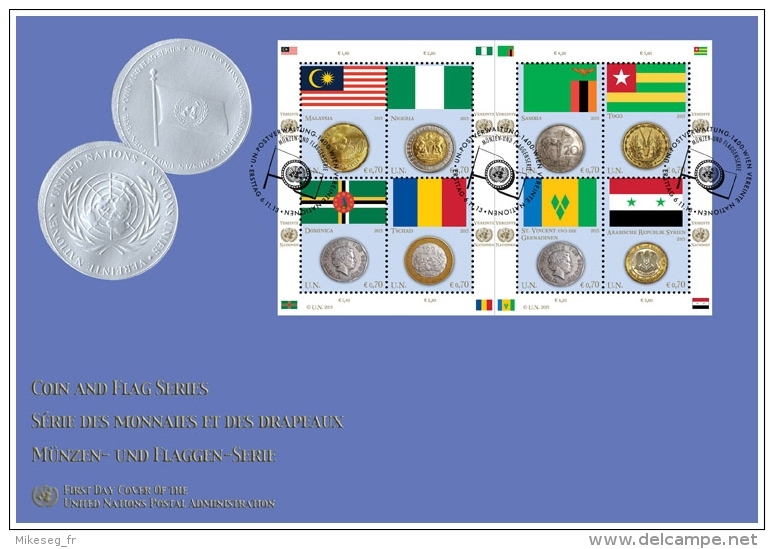 ONU Vienne 2013 - FDC Jumbo - Feuillet Monnaies Et Drapeaux Coins And Flags - FDC