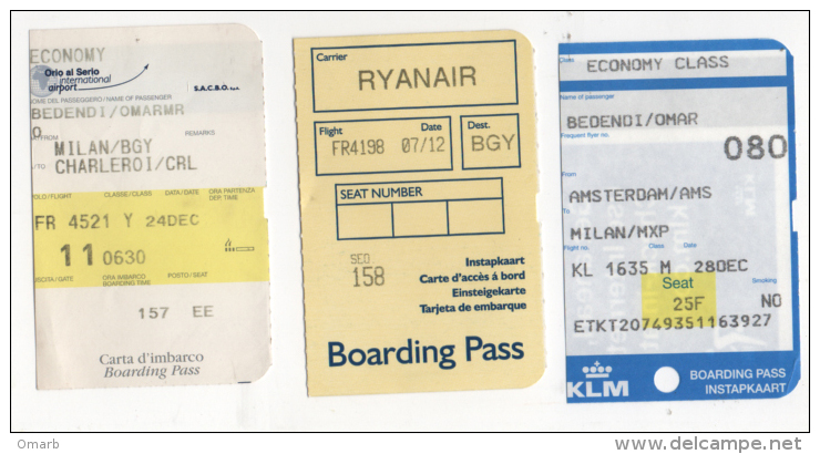 Alt414 Carta Imbarco Boarding Pass Ryanair KLM Flight Volo Airline Linea Aerea Orio Serio Bergamo Charleroi  Amsterdam - Europe