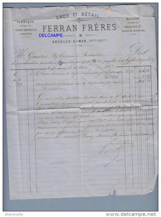 Lettre Ancienne De 1867 - ARGELES Sur MER ( Pyrénées Orientales ) - Maison Ferrand - Brasserie Barthel Walter  - RARE - - 1800 – 1899