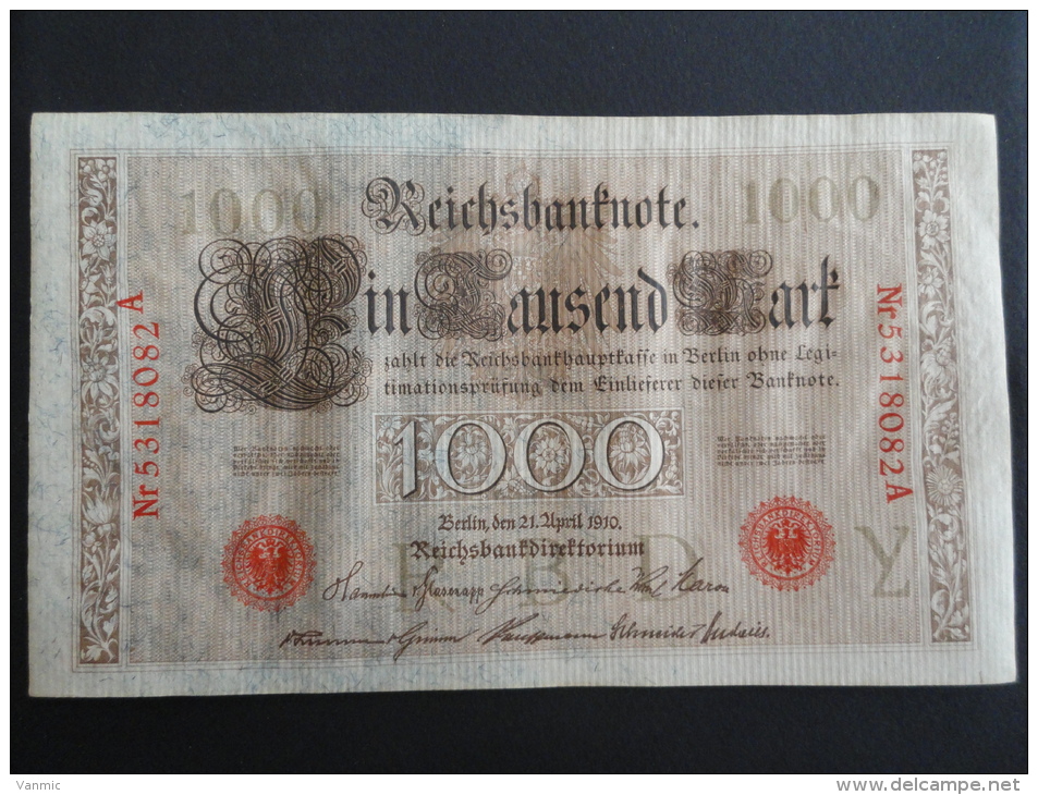 1910 A - 21 Avril 1910 - Billet 1000 Mark - Allemagne - Série A : N° 5318082 A - ReichsBanknote Deutschland Germany - 1.000 Mark