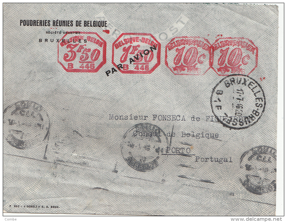 LETTRE BELGIQUE-PORTUGAL 1946, POUDRERIES RÉUNIES BRUXELLES, AERO-POST, 3F50+1F50+10C+10C/2017 - ...-1959