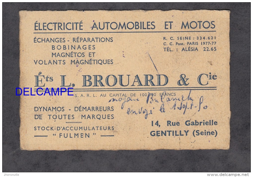 Carte Commerciale - GENTILLY - Ets L. Brouard - Electricité Automobile Et Moto - 14 Rue Gabrielle - 1950 - Gentilly
