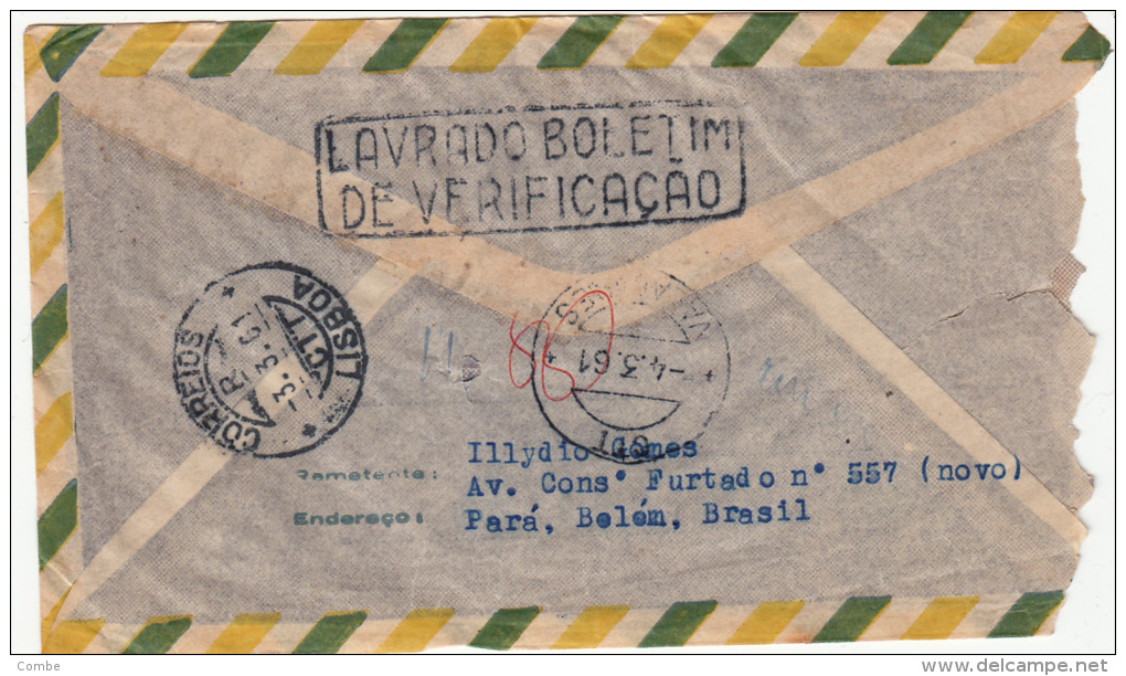 LETTRE  BRESIL 1961, LAVRADO BOLETIM DE VERIFICAÇÃO, BELEM LISBOA PORTUGAL /2405 - Lettres & Documents