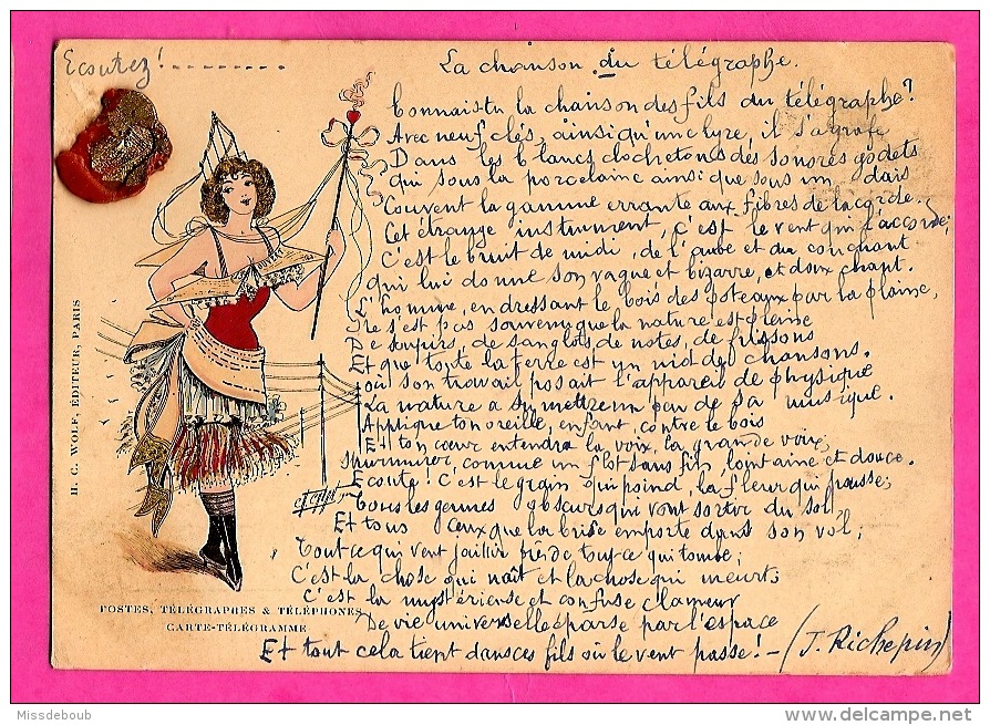 POSTES, TELEGRAPHES & TELEPHONES -carte-télégramme- Cachet Cire - H.C. Wolf édideur Paris -texte Chanson - Correos & Carteros