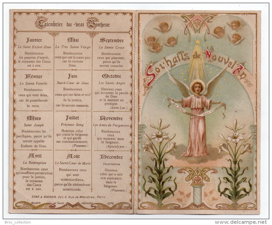 Image Pieuse Souhaits De Nouvel An, Calendrier Du Vrai Bonheur, Art Nouveau, Anges, éd. Edan & Rodhain N° 1076 - Imágenes Religiosas