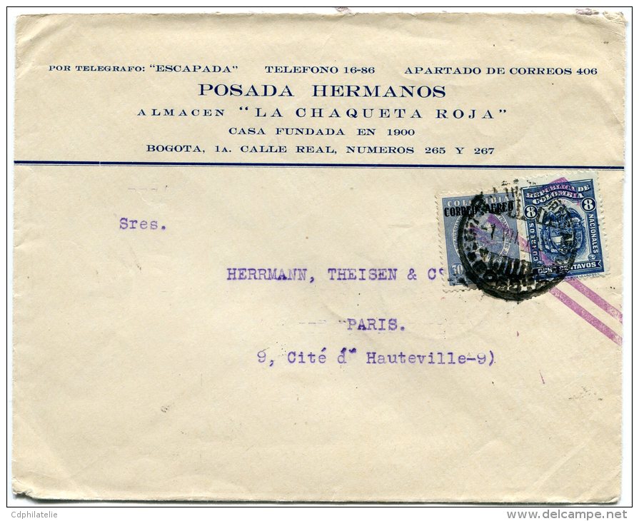 COLOMBIE LETTRE DEPART BOGOTA AVEC CACHET SERVICIO DE TRANSPORTES AEREOS  BARRANQUILLA 2.VII.1932 - Colombie