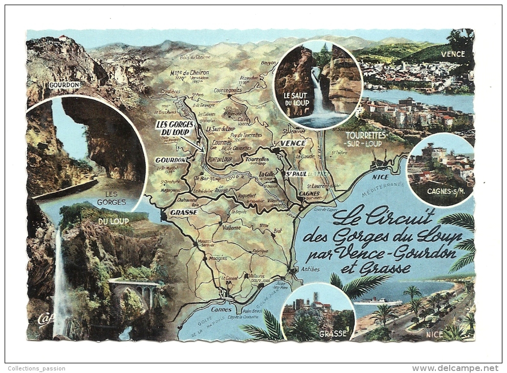 Cp, Carte Géographique,Le Circuit Des Gorges Du Loup Par Vence-Gourdon Et Grasse - Carte Geografiche