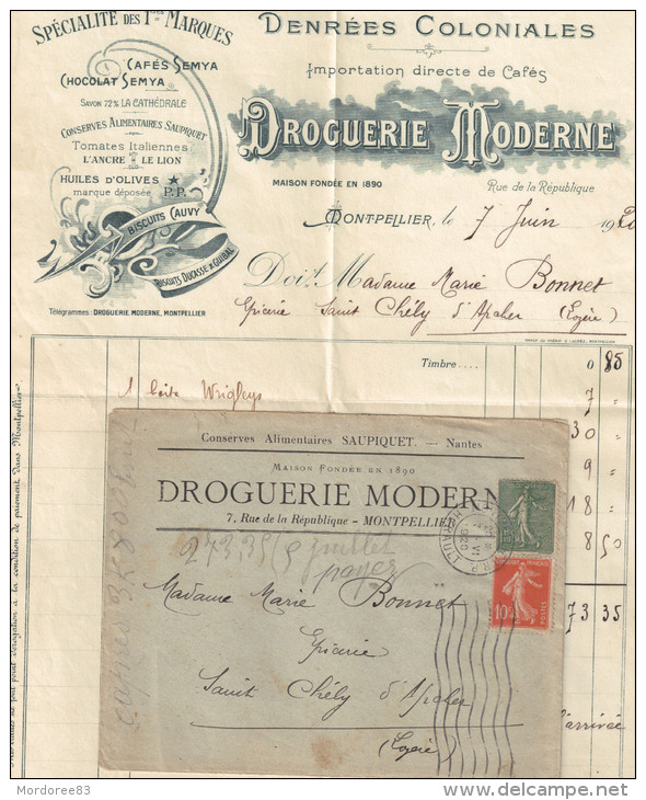 DROGUERIE MODERNE MONTPELLIER 1920 ENVELOPPE +TIMBRE SEMEUSE+FACTURE P/ST CHELY D APCHER - Droguerie & Parfumerie