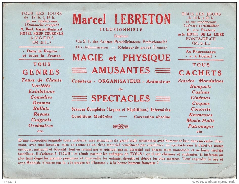 Carte Publicitaire Des Artistes De Cirque  " Marcel LEBRETON " Illusionniste - Magie Et Physique Amusantes - Cabarets