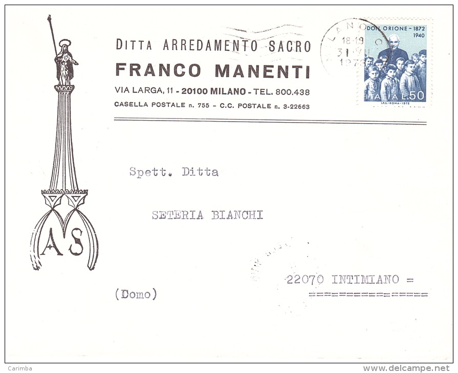 1973 £ 50 DON ORIONE SU BUSTA FRANCO MANENTI ARREDO SACRO MILANO - 1971-80: Storia Postale