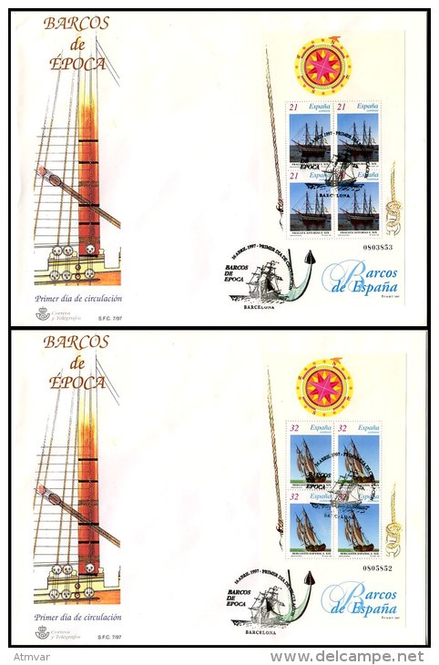 ESPAÑA / ESPAGNE / SPAIN (1997). Barcos De época, Sobres Primer Día Ancient Ships, Voilier, Fragata, Bergantín, Schooner - Lettres & Documents