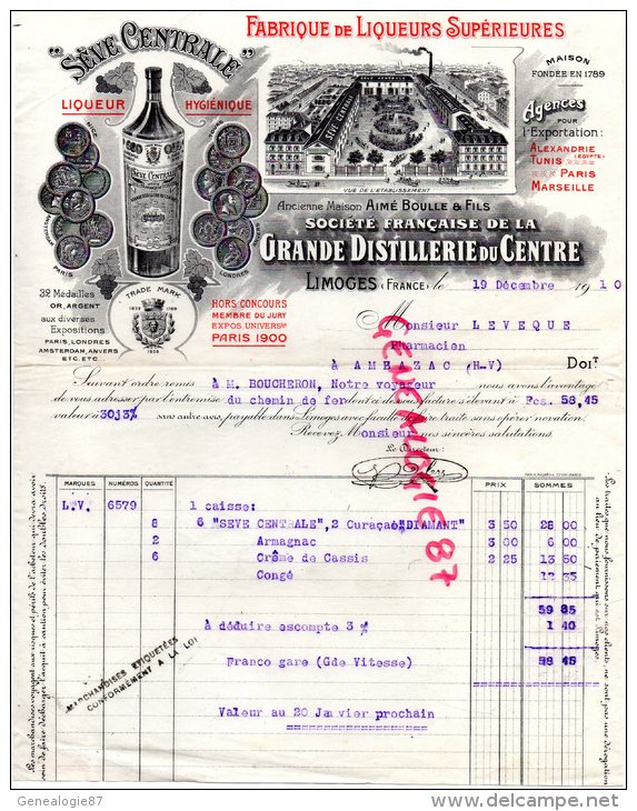 87 - LIMOGES - BELLE FACTURE GRANDE DISTILLERIE DU CENTRE-AIME BOULLE - SEVE CENTRALE-1910 - Autres & Non Classés
