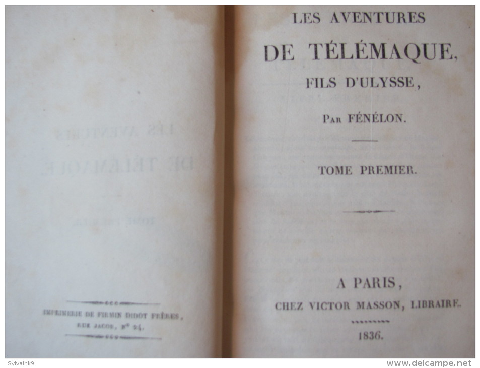 1836 LES AVENTURES DE TELEMAQUE FILS D ULYSSE PAR FENELON TOME 1 . VICTOR MASSON DIDOT - 1801-1900