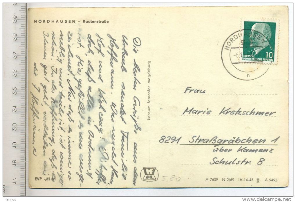 Nordhausen - Rautenstraße, Um 1960/70, Verlag: Konsum Fotocolor Mgdb., Postkarte Mit Frankatur, Mit Stempel, Nordhausen - Nordhausen