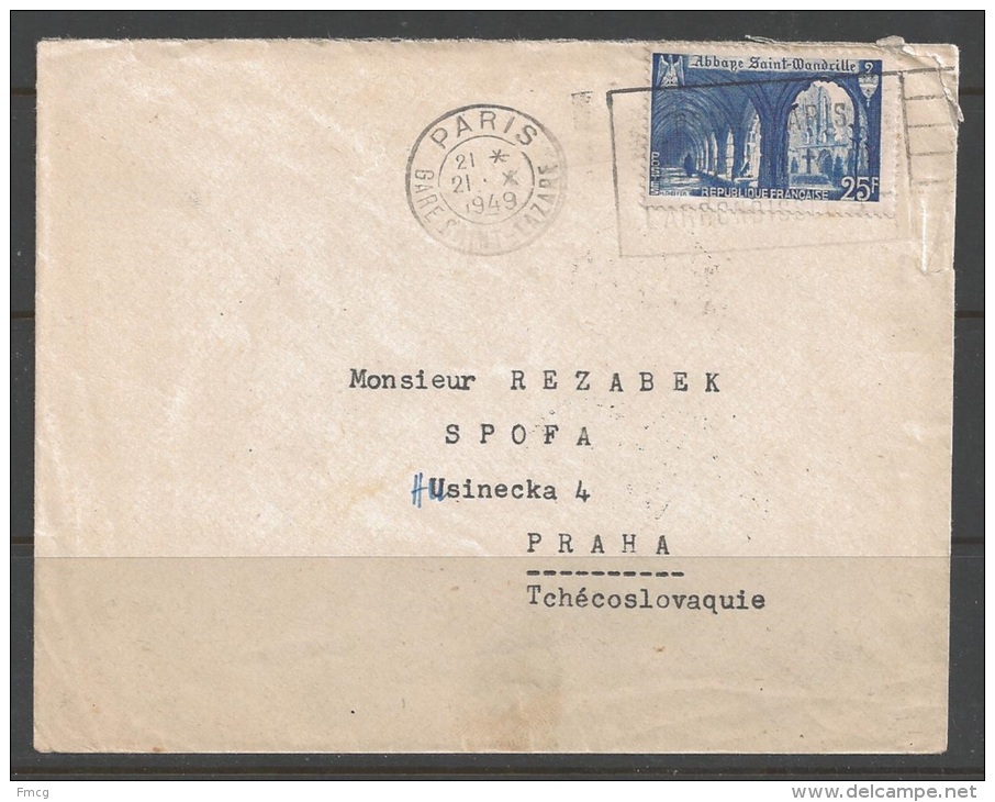1949 25f Abbey St. Wandrille, Paris To Czechoslovakia (21 X 1949) - Covers & Documents