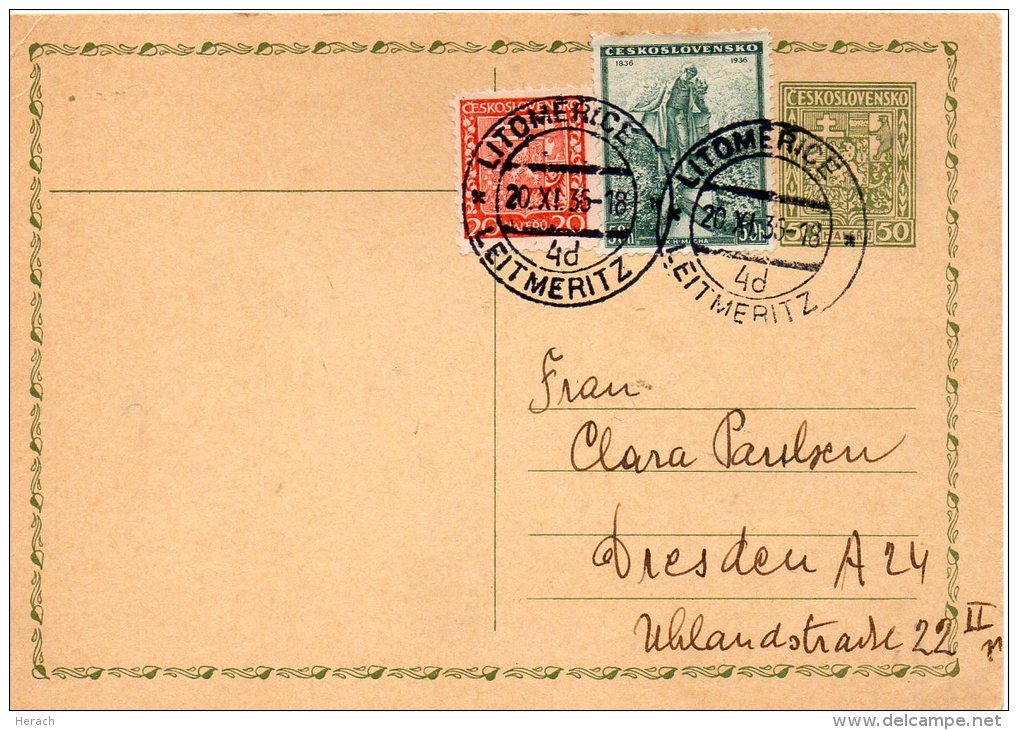 TCHECOSLOVAQUIE ENTIER POSTAL POUR L'ALLEMAGNE 1935 - Postales
