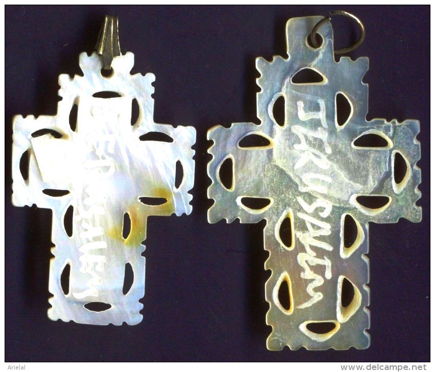 2 ANTIQUE PRETTY MULTICOLOR MOTHER OF PEARL CARVED CROSSES FROM JERUSALEM - Religion & Esotericism