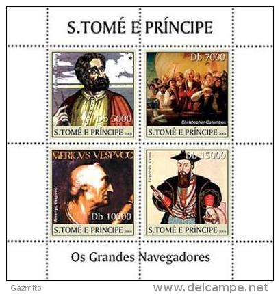 S. Tomè 2004, Esplorers, Columbus, Magellano, Vespucci, 4val. In BF - Explorers