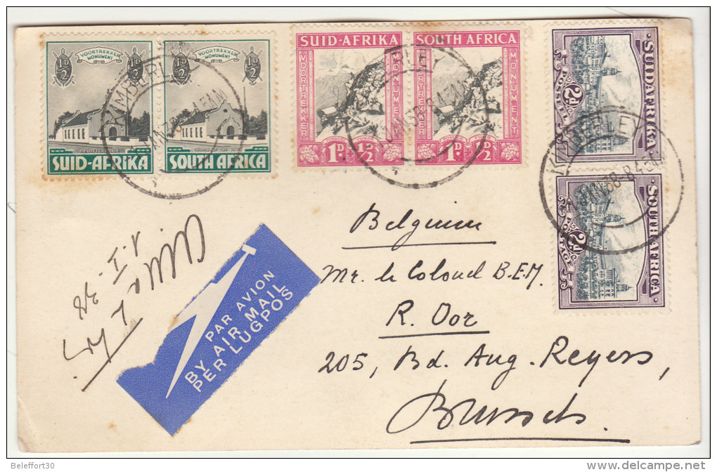 CP/avion  Kimberley (mines De Diamant) -> Belgique 1938 (2 Scans) - Lettres & Documents