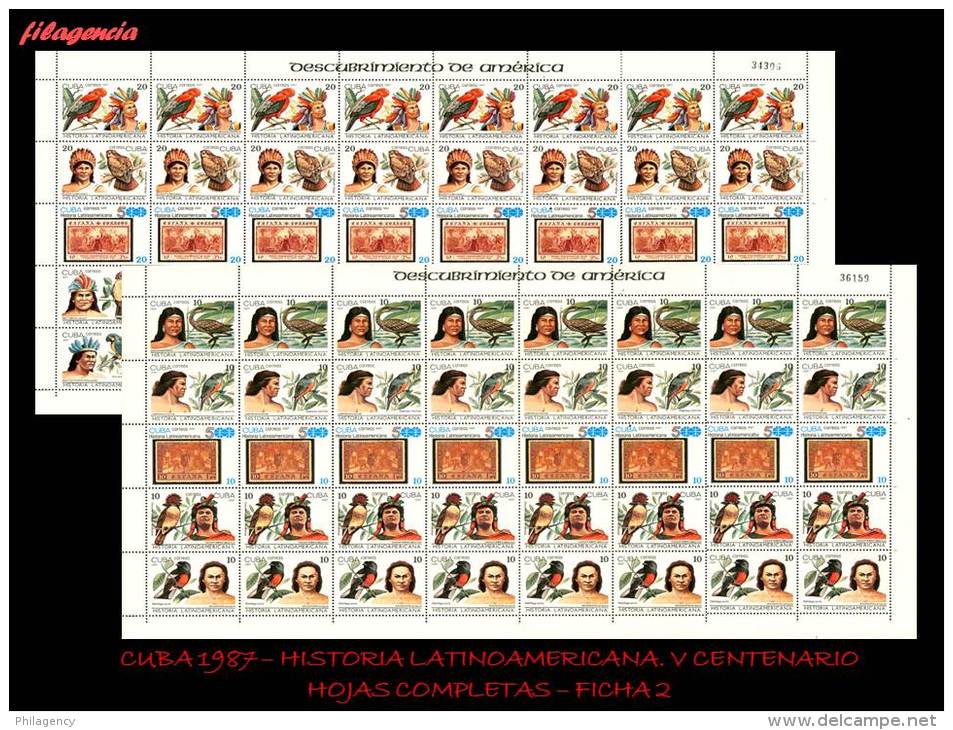 CUBA. PLIEGOS. 1987-21 HISTORIA LATINOAMERICANA. V CENTENARIO DESCUBRIMIENTO DE AMÉRICA. AVES & PERSONAJES INDÍGENAS - Hojas Y Bloques