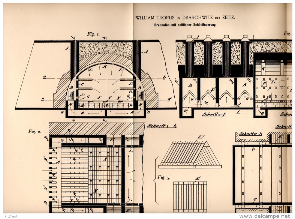 Original Patentschrift - W. Tropus In Draschwitz B. Zeitz , 1894 , Brennofen Mit Schüttfeuerung , Ziegelei ,  !!! - Historische Dokumente