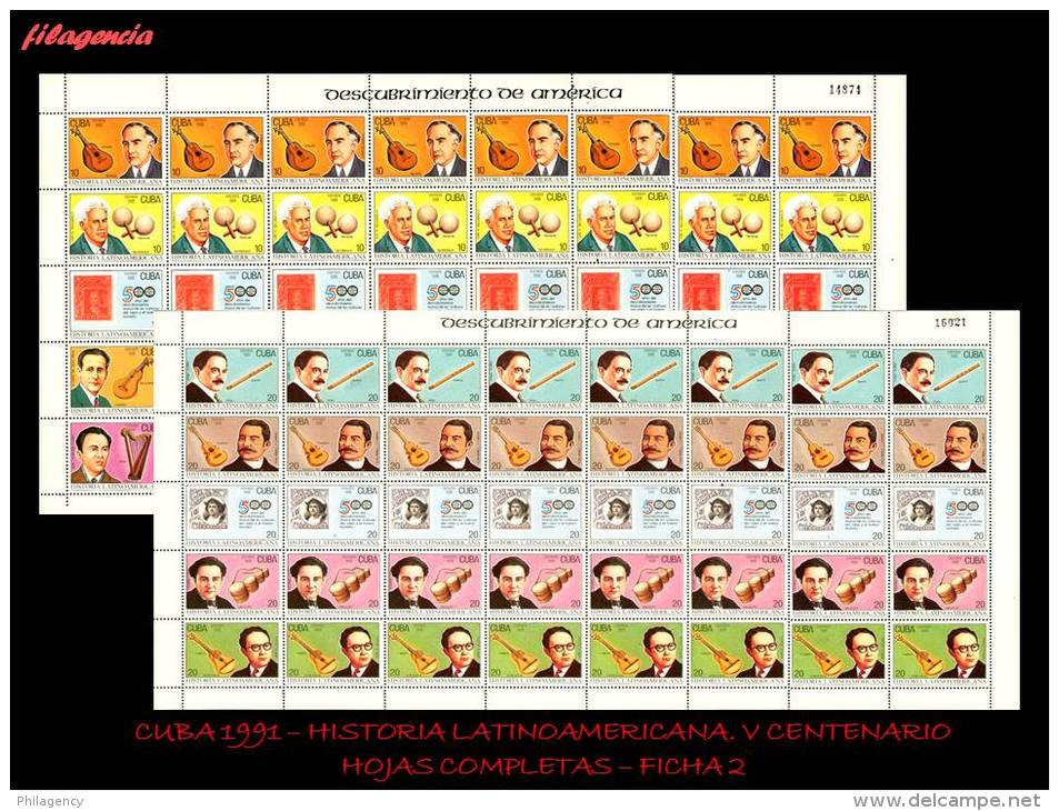 CUBA. PLIEGOS. 1991-18 HISTORIA LATINOAMERICANA. V CENTENARIO DESCUBRIMIENTO DE AMÉRICA. MÚSICOS & INSTRUMENTOS - Blocs-feuillets