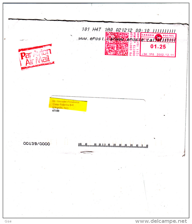 CANADA  2002 -- Lettera Per Lì Italia - Affrancatura Meccanica - Stamped Labels (ATM) - Stic'n'Tic