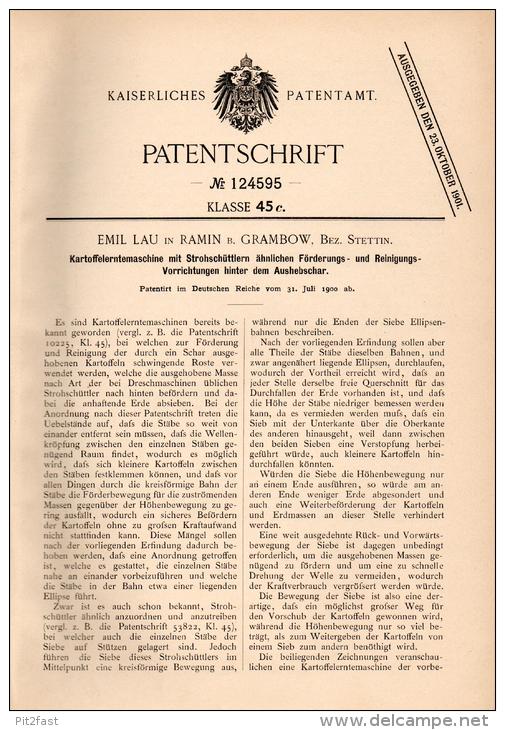 Original Patentschrift - Emil Lau In Ramin B. Grambow I. Meckl., 1900 , Kartoffel - Erntemaschine , Löcknitz , Penkun !! - Maschinen