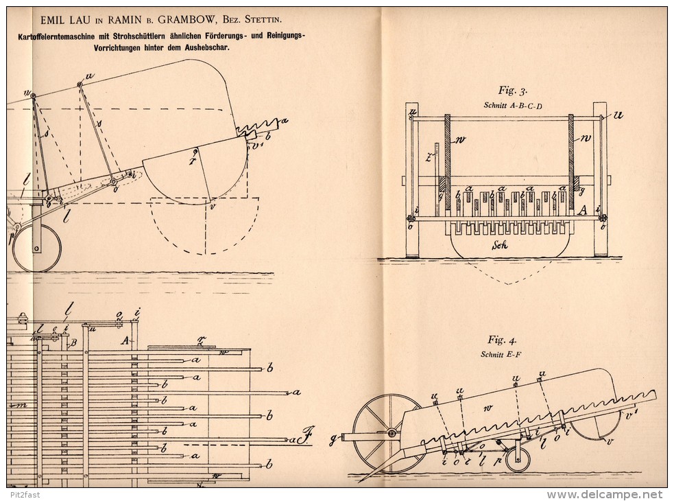 Original Patentschrift - Emil Lau In Ramin B. Grambow I. Meckl., 1900 , Kartoffel - Erntemaschine , Löcknitz , Penkun !! - Machines