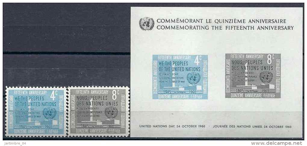 1960 NATIONS UNIES 80-81** + BF 2 * Anniversaire, Bloc Avec Charnière Propre - Unused Stamps