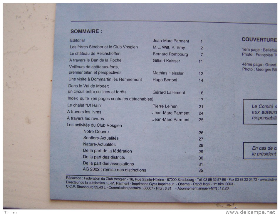 N°1 LES VOSGES Revue De Tourisme 82e Année CLUB VOSGIEN 2003 - Tourisme & Régions