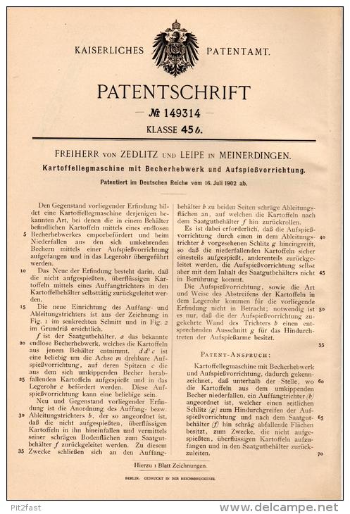 Original Patentschrift - Freiherr Franz Von Zedlitz Und Leipe In Meinerdingen B. Walsrode ,1902 , Kartoffelmaschine !!! - Maschinen