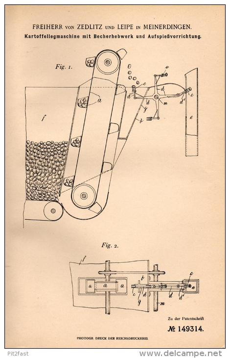 Original Patentschrift - Freiherr Franz Von Zedlitz Und Leipe In Meinerdingen B. Walsrode ,1902 , Kartoffelmaschine !!! - Maschinen