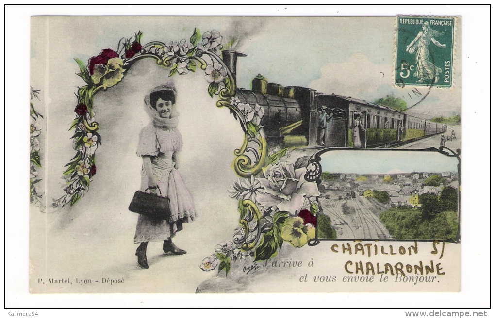 AIN / J' Arrive à CHATILLON-sur-CHALARONNE Et Vous Envoie Le Bonjour  ( Gare, Train ) /  Edit.  P. MARTEL ( Par ORENS ) - Châtillon-sur-Chalaronne