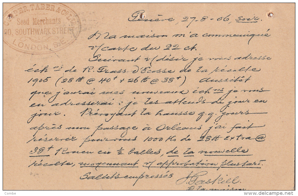 SUISSE ENTIER 1906 GENEVE POUR LA FRANCE /4020 - Entiers Postaux