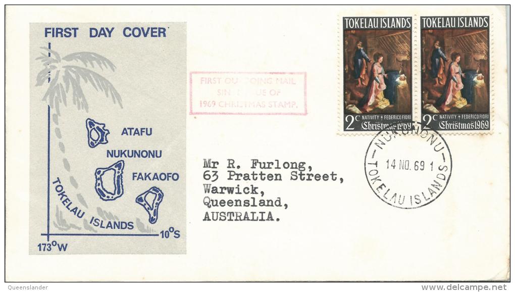 1969 FDC Xmas Issue  2 X 2 Cent  14 Nov 1969  Official FDC Red Boxed First Outgoing Mail Since Issue Of Xmas Stamp - Tokelau