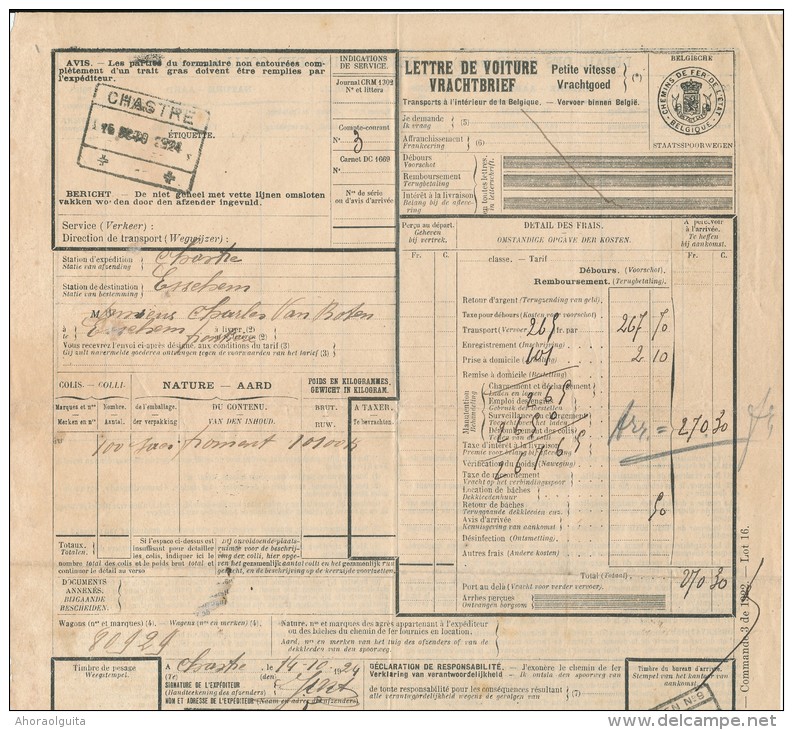 BRABANT WALLON - Lettre De Voiture Cachet De Gare CHASTRE 1924 Vers ESSCHEN   --- UU767 - Andere & Zonder Classificatie