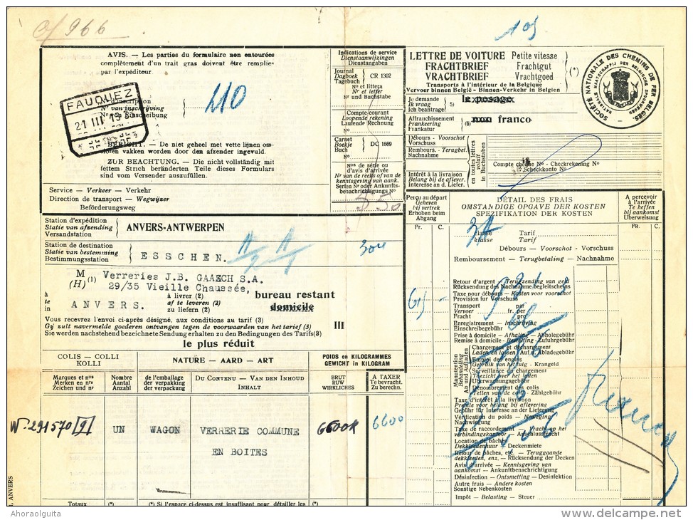 BRABANT WALLON - Lettre De Voiture Cachet De Gare FAUQUEZ 1933 Vers ESSCHEN - Verreries Gaasch  --- UU768 - Andere & Zonder Classificatie