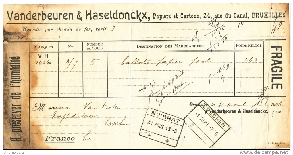 BRABANT WALLON - Lettre De Voiture Cachet De Gare NOIRHAT 1913 Vers ESSCHEN --- UU776 - Altri & Non Classificati