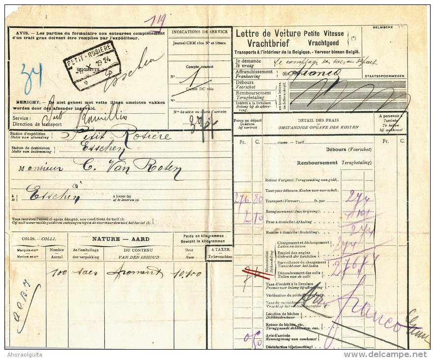 BRABANT WALLON - Lettre De Voiture RARE Cachet De Gare PETIT ROSIERE 1924 Vers ESSCHEN  --- UU778 - Autres & Non Classés